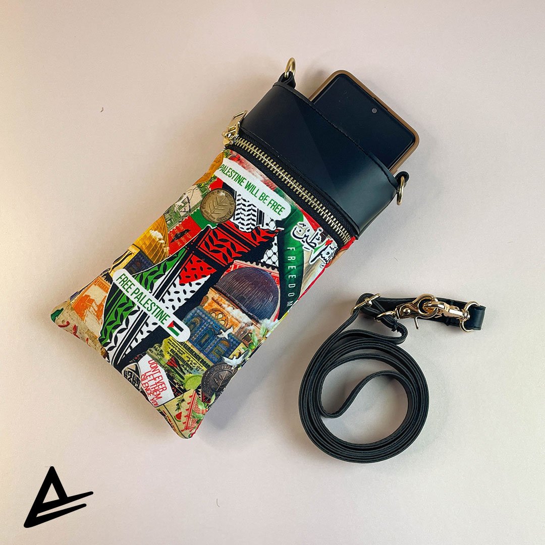 Palestine Legacy crossbody pouch featuring map, kufiya, Dome of the Rock, olives, and currency – Artrustick