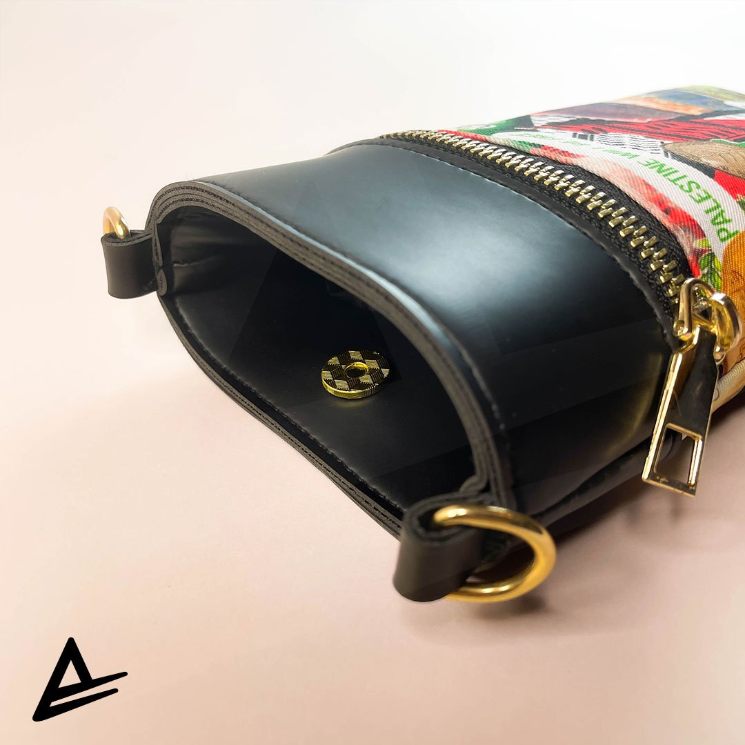 Palestine Legacy crossbody pouch featuring map, kufiya, Dome of the Rock, olives, and currency – Artrustick