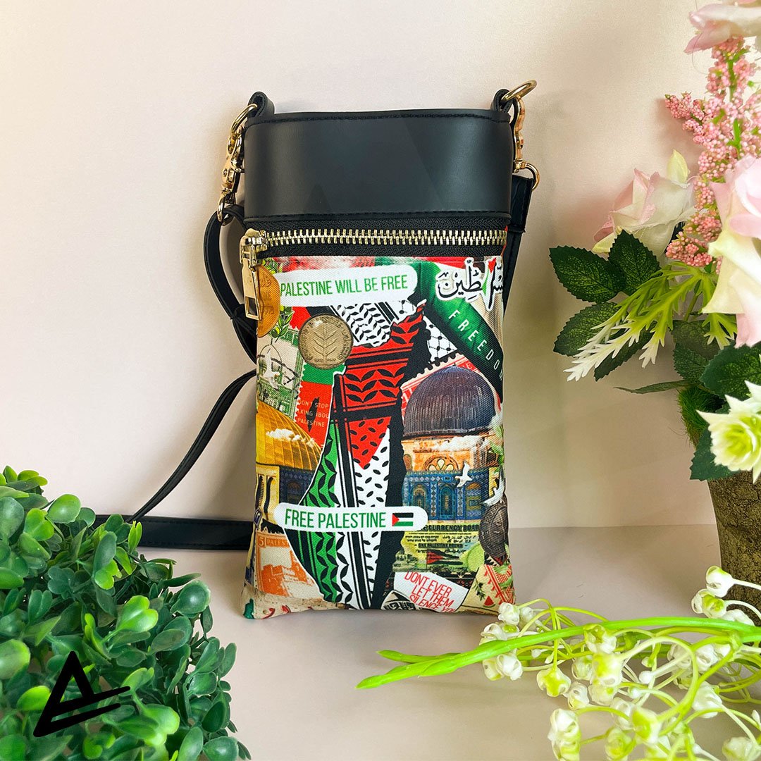 Palestine Legacy crossbody pouch featuring map, kufiya, Dome of the Rock, olives, and currency – Artrustick