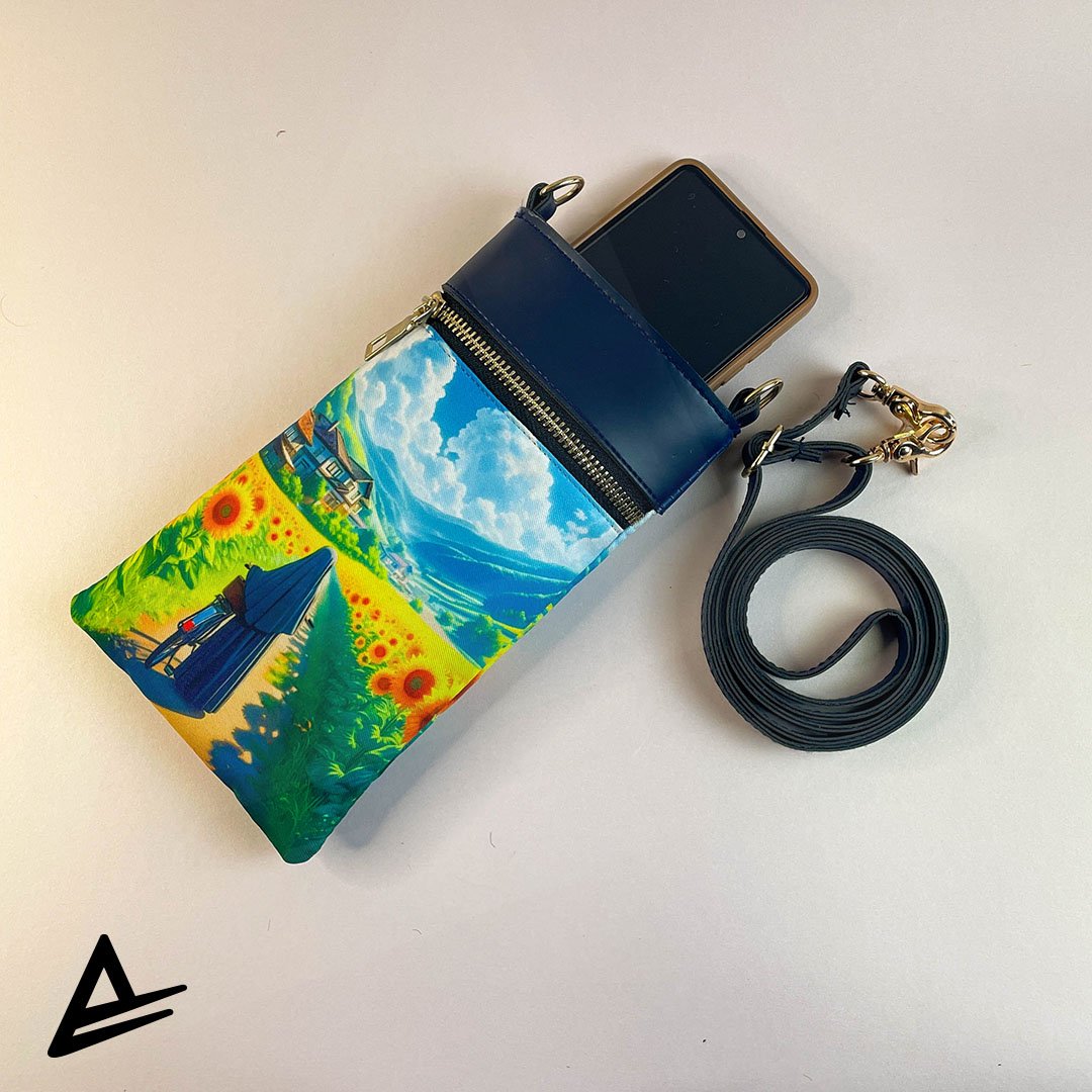 Path of Peace mobile pouch with hijabi girl, sunflower field, and peaceful landscape – Artrustick