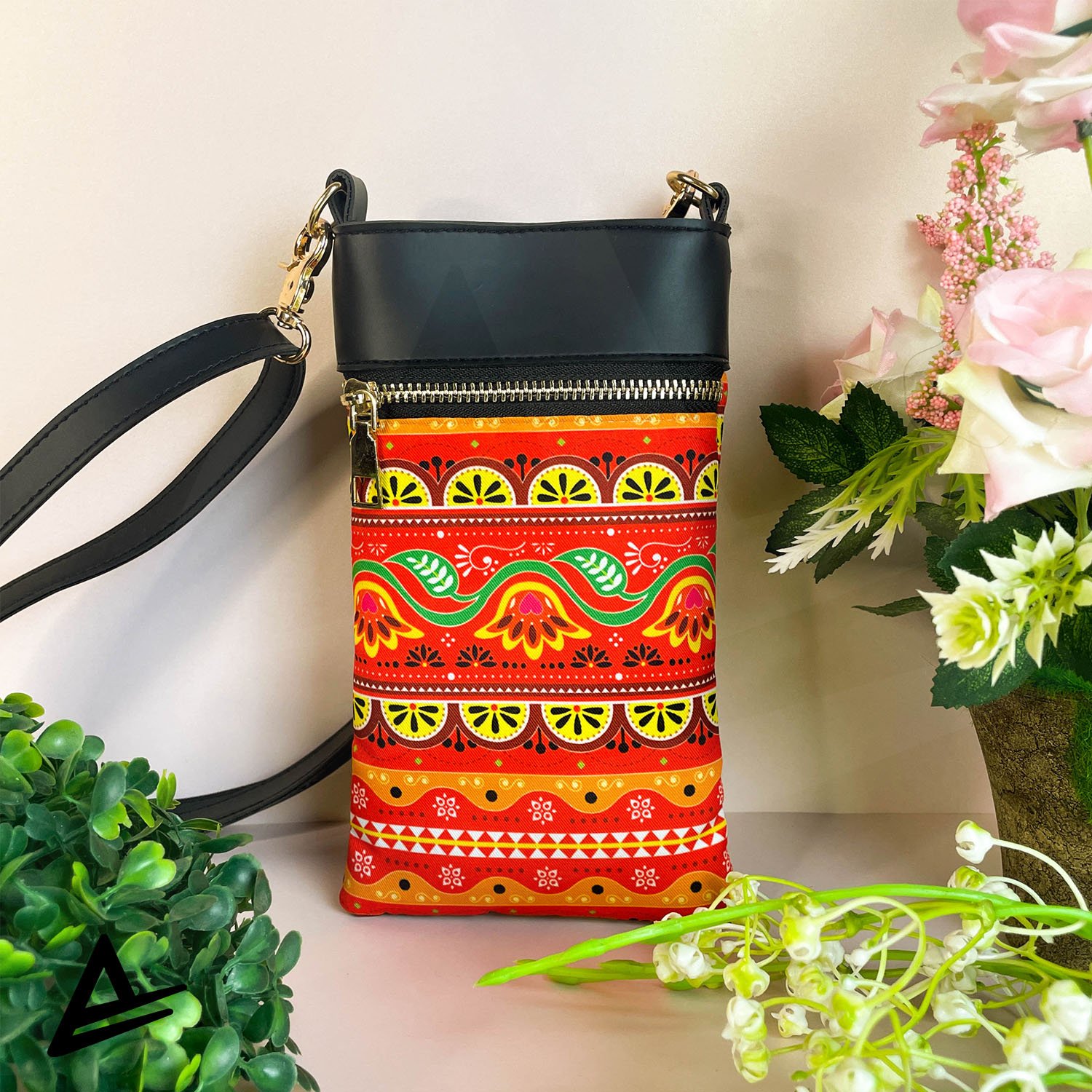 Truck Art crossbody mobile pouch with Pakistani folk pattern in red and yellow – Artrustick